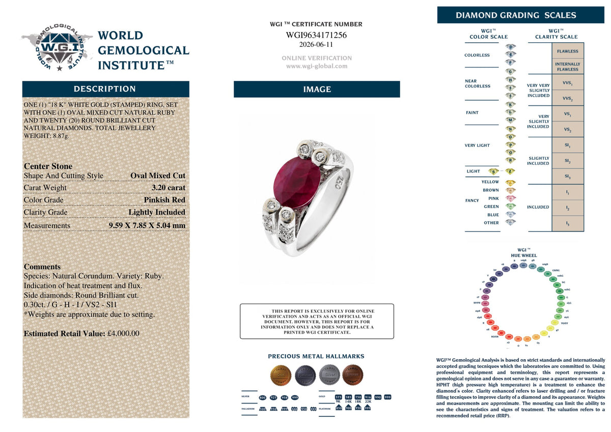 Certified 18K WHITE GOLD 3.30CT NATURAL RUBY 0.30ct DIAMOND RING