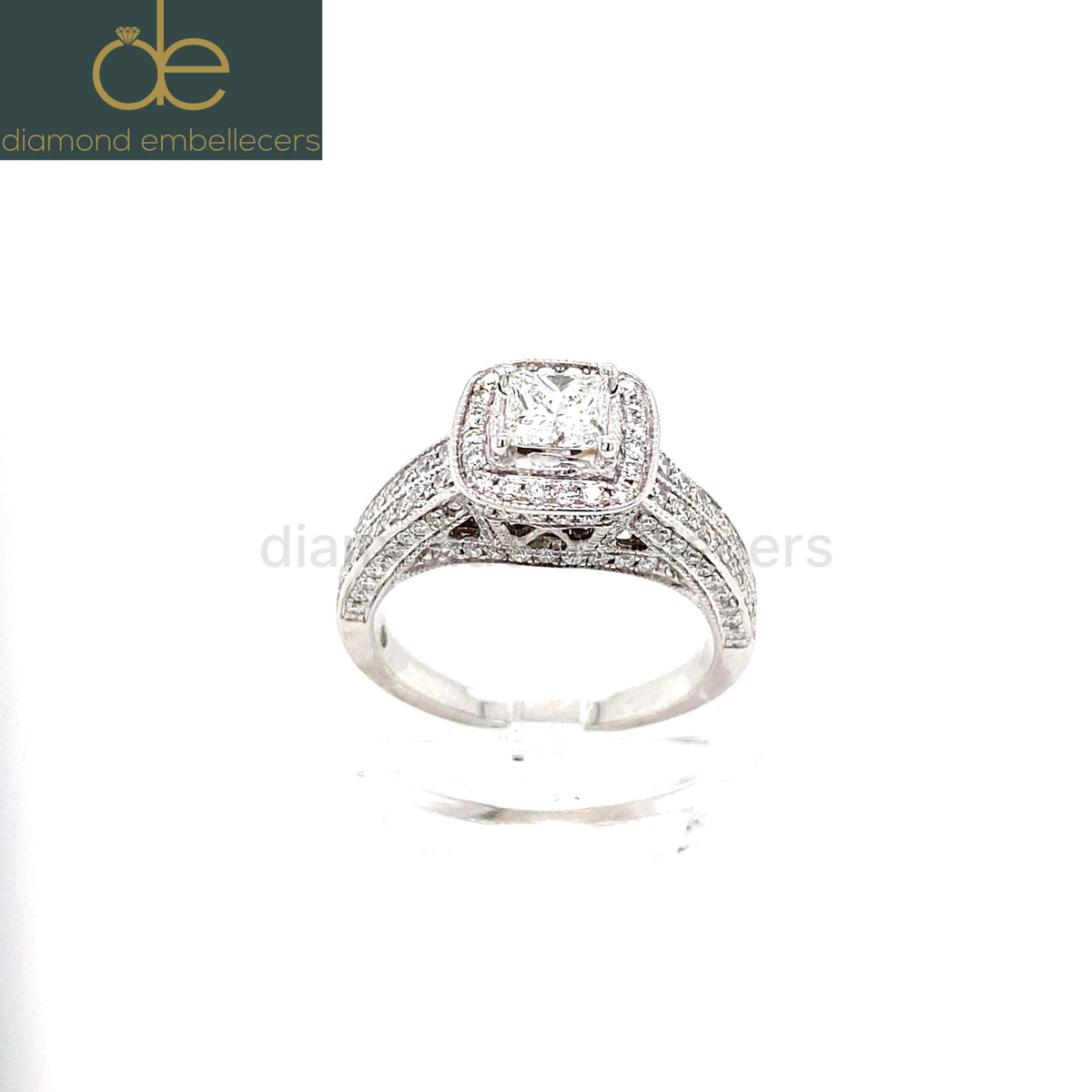 Certified 14K White Gold Halo 1.44ct Princess & Round Brilliant Diamond Ring