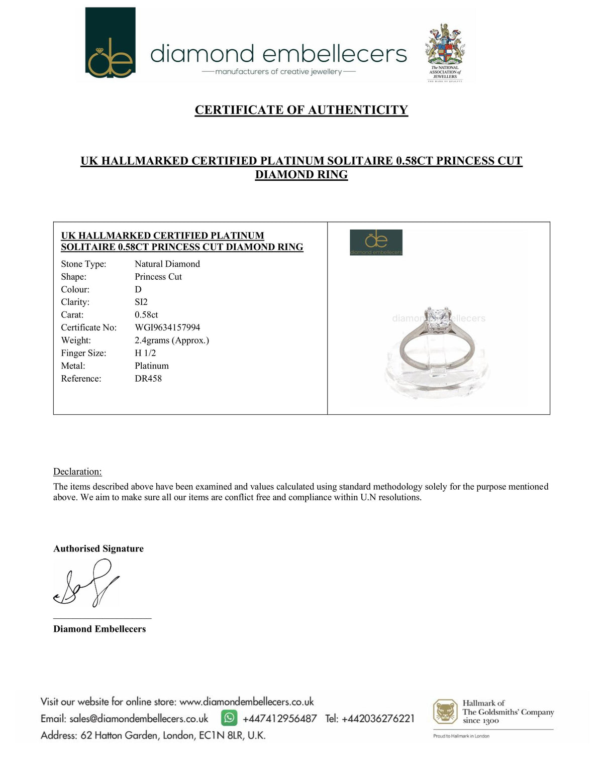 UK HALLMARKED CERTIFIED PLATINUM SOLITAIRE 0.58CT PRINCESS CUT DIAMOND RING