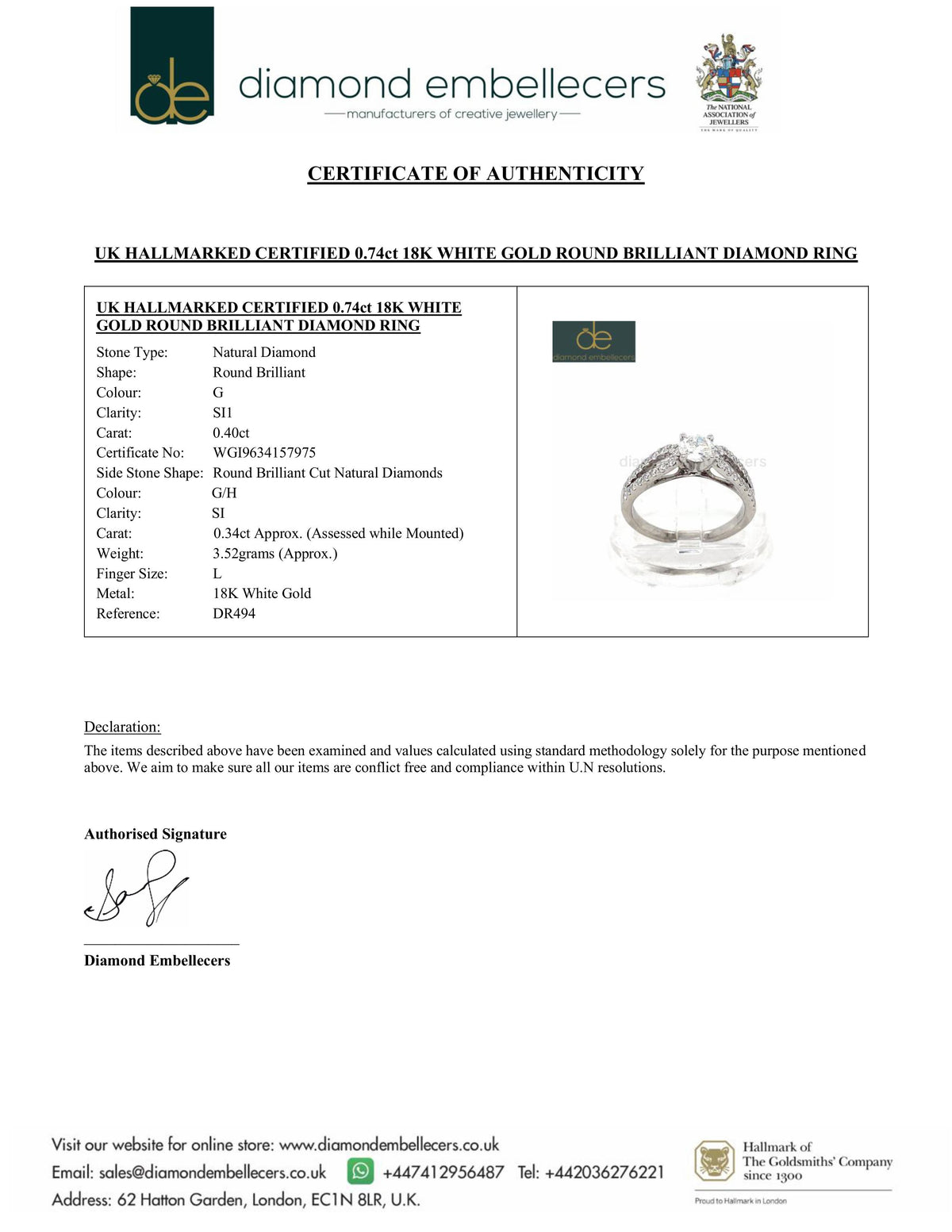 UK HALLMARKED CERTIFIED 18K WHITE GOLD ROUND BRILLIANT DIAMOND RING