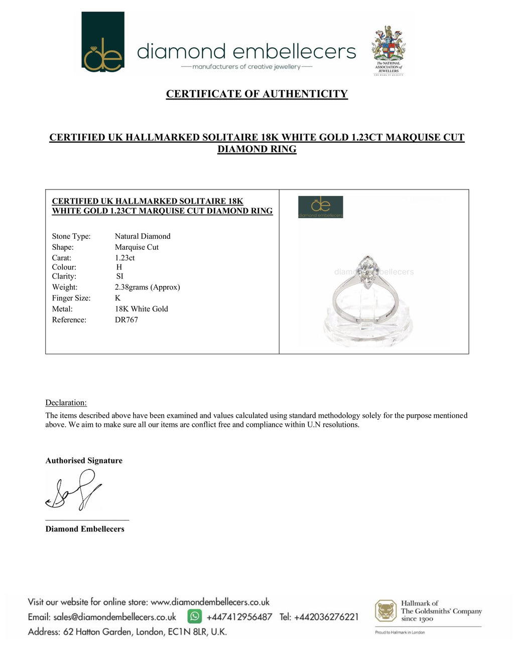 CERTIFIED UK HALLMARKED SOLITAIRE 18K WHITE GOLD 1.23CT MARQUISE CUT DIAMOND RING