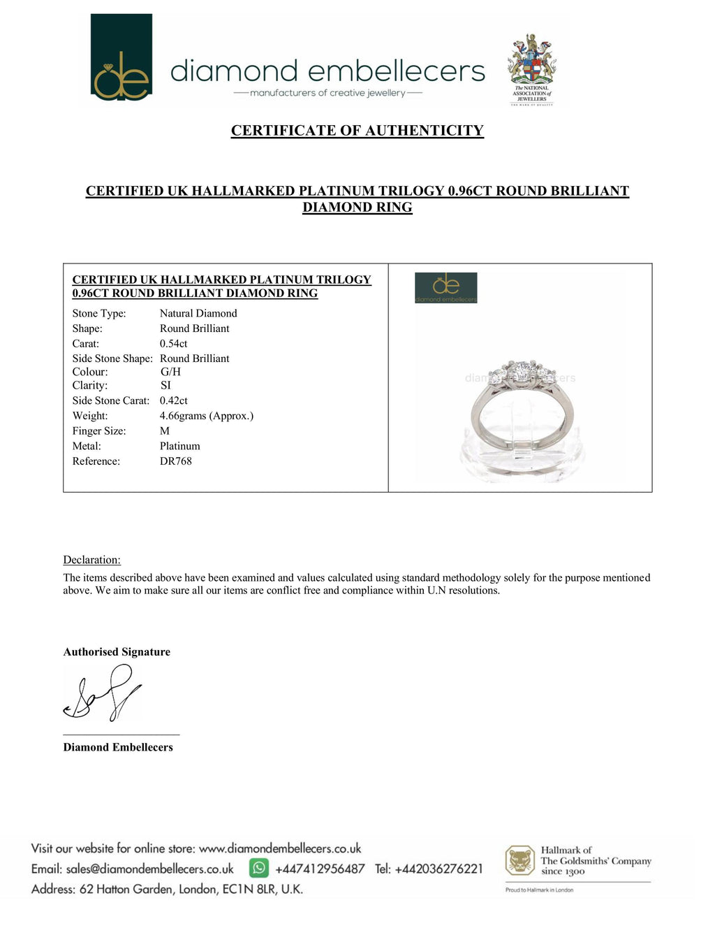 CERTIFIED UK HALLMARKED PLATINUM TRILOGY 0.96CT ROUND BRILLIANT DIAMOND RING