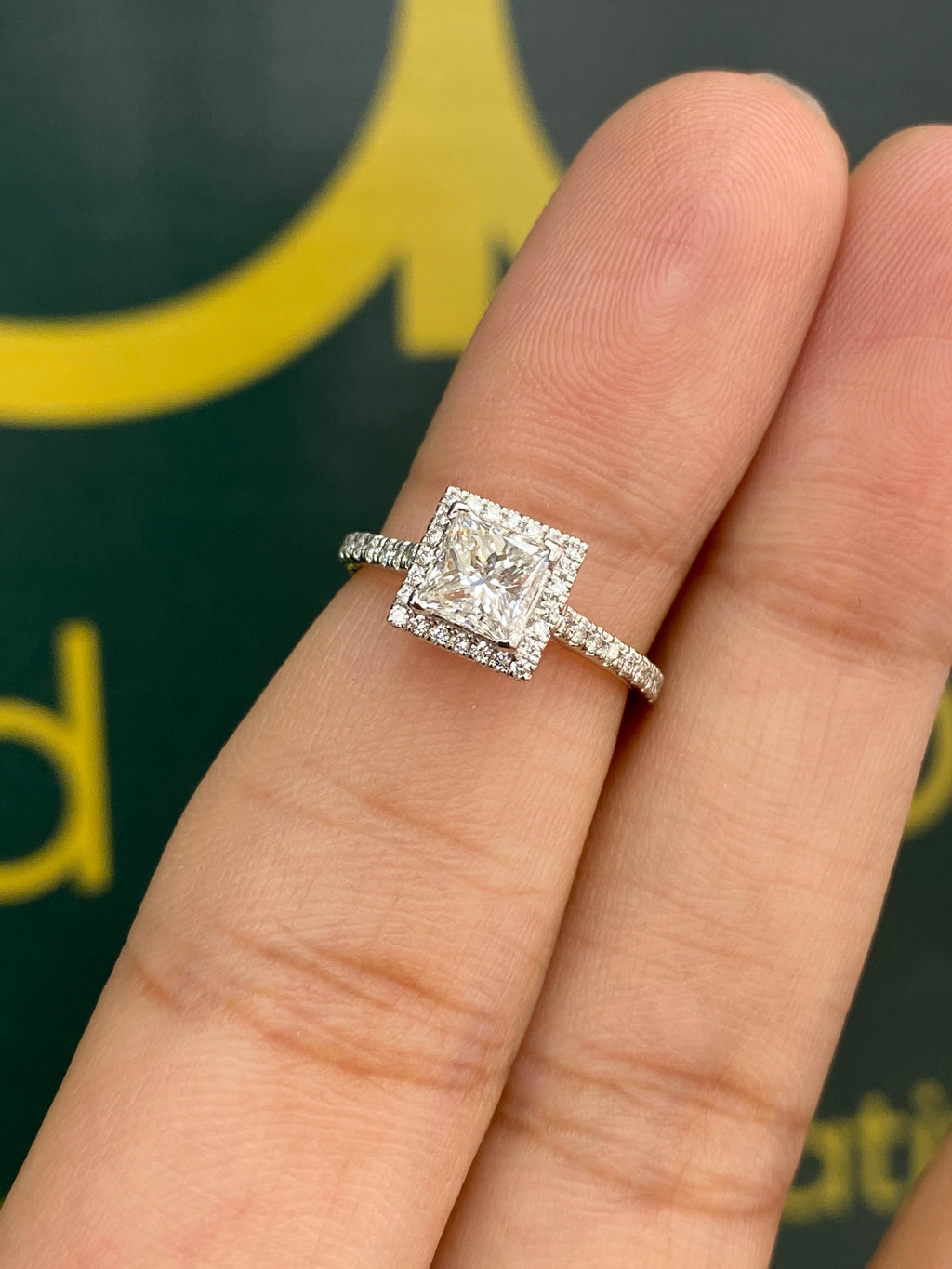 UK Hallmarked Certified Platinum Halo 0.80ct Princess Diamond  0.25ct Round Brilliant Diamond Ring