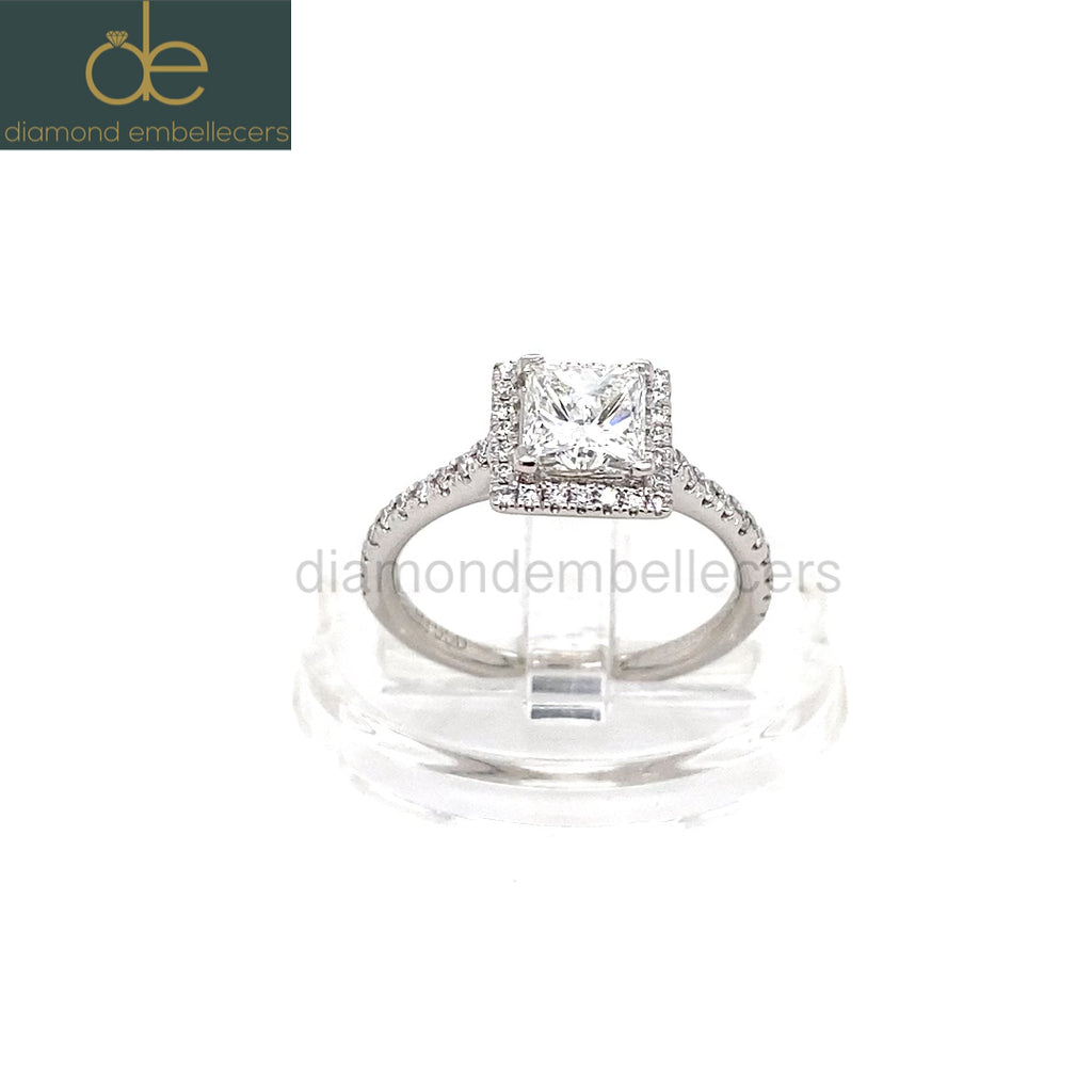 UK Hallmarked Certified Platinum Halo 0.80ct Princess Diamond  0.25ct Round Brilliant Diamond Ring