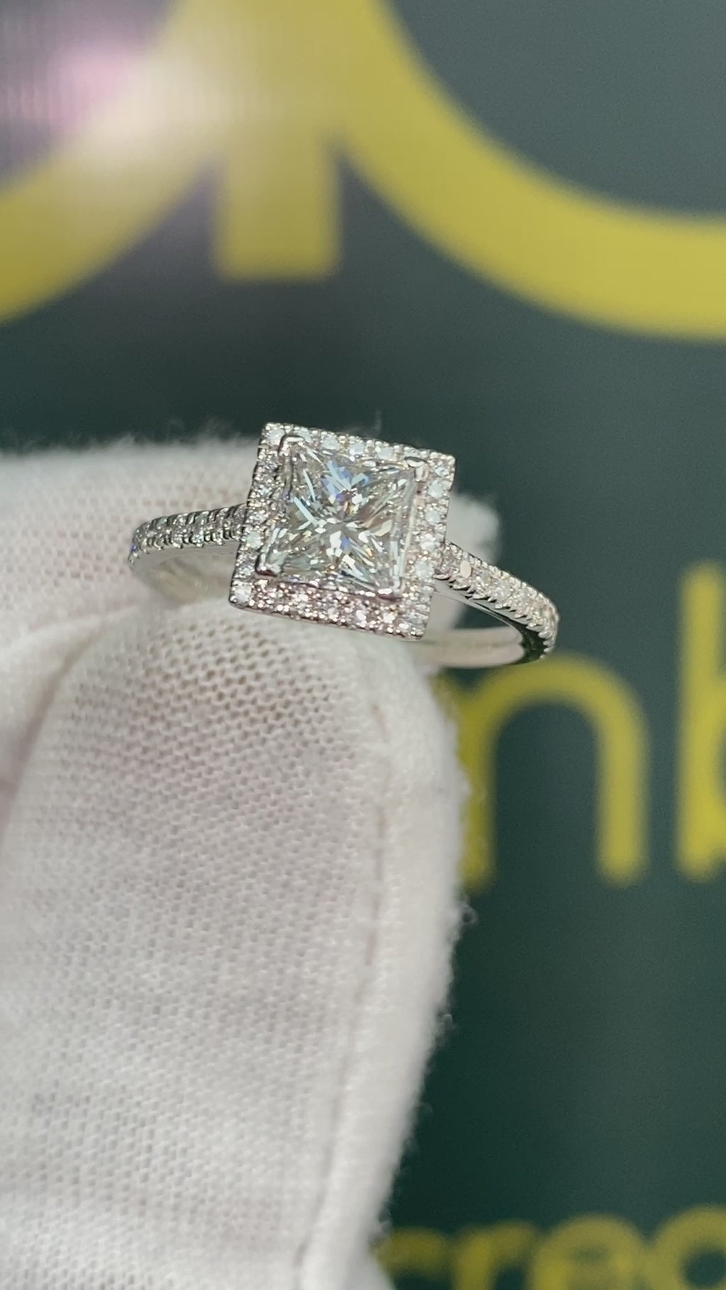 UK Hallmarked Certified Platinum Halo 0.80ct Princess Diamond  0.25ct Round Brilliant Diamond Ring