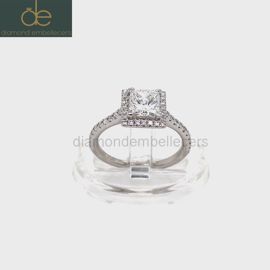 UK Hallmarked Certified Platinum Halo 0.80ct Princess Diamond  0.25ct Round Brilliant Diamond Ring
